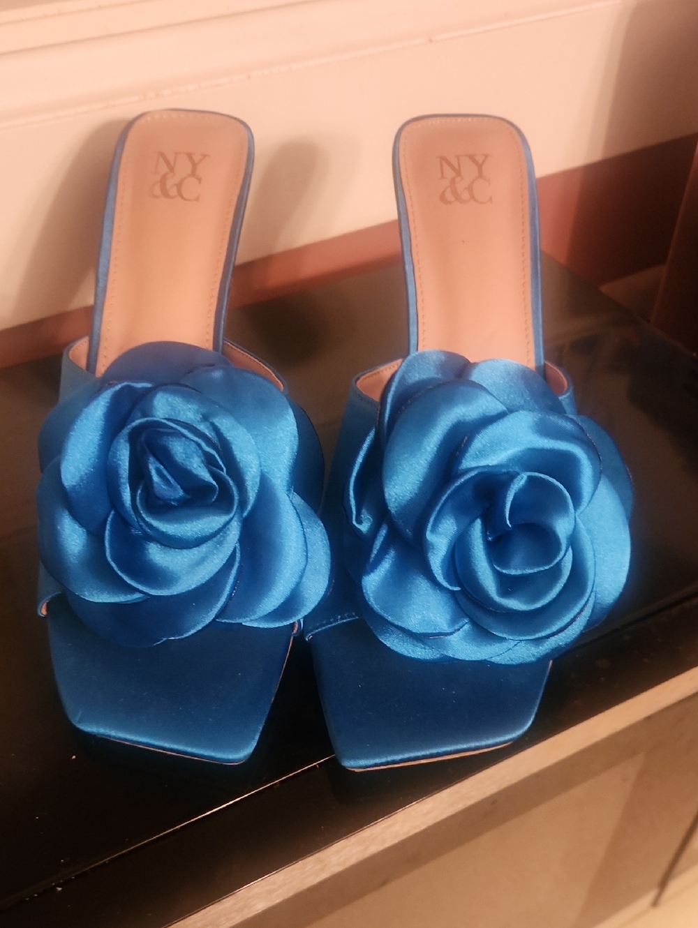 New York & Company Vibrant Blue Satin Floral Mule Slides